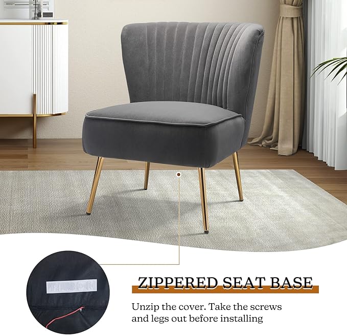 HULALA HOME Velvet Accent Chair Modern Upholstered Cute Side Chair with Gold Metal Legs Armless Wingback Slipper Chair Comfy Living Room Chair for Bedroom Guest Room VanityGrey