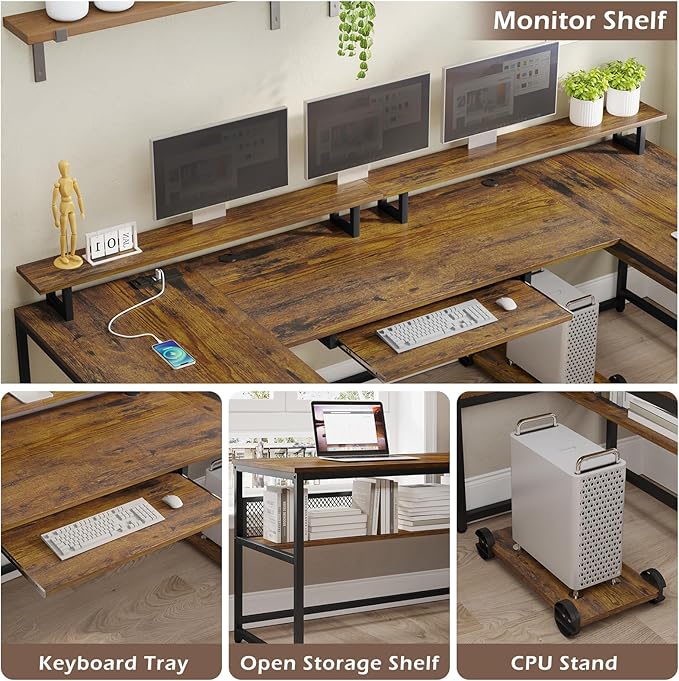 SEDETA U Shaped Desk Reversible L Shaped Home Office Desk with File Drawer &amp Power Outlet 101.5'' Computer Two Person Desk with Monitor Shelf Keyboard Tray Gaming Desk Rustic Brown