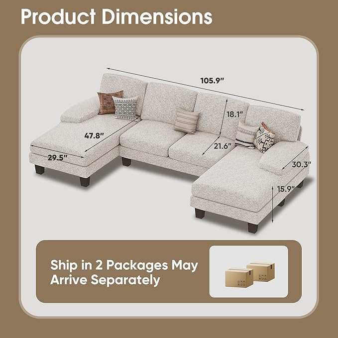 Furmax Sectional Couches for Living Room U-Shaped Sofa Couch with Linen Fabric 4 Seat Sofa Set with Double Chaise for Apartment (Loop Yarn Pearl Gray)