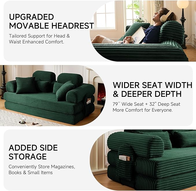 79 Sofa Bed Deep Seat 32 Sleeper Sofa 5-in-1 Convertible Sofa Bed Boneless Couch in a Box Corduroy Floor Futon with Thickened backrest and Headrest Pillows Side Pockets Olive Green