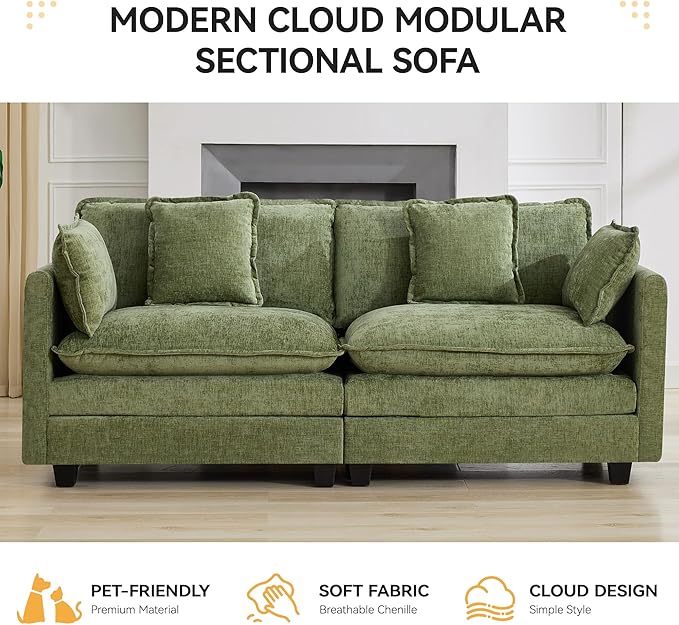 76'' Cloud Deep Seat Loveseat Upholstered Chenille Modular 2-Seats Sectional Sofa Couch Modern Comfy Settee Loveseat for Living Room Set Small Apartment Green
