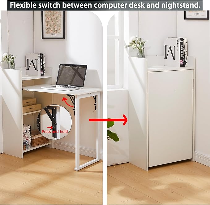 Fold Out Desk with Storage and Built-in Outlet Mid Century Foldable Desk for Small Spaces Hidden Folding Table for Home Office or Bedroom (White)