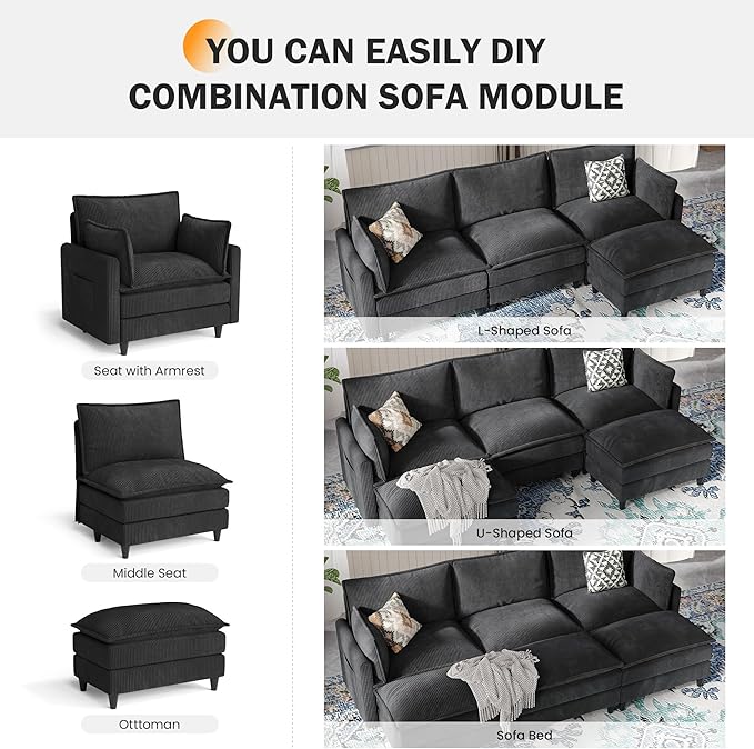 Apicizon 108 Cloud Couch Sectional L Shaped Cloud Sofa with Side Storage Pocket Modern Corduroy Sofa Set for Living Room Office Black
