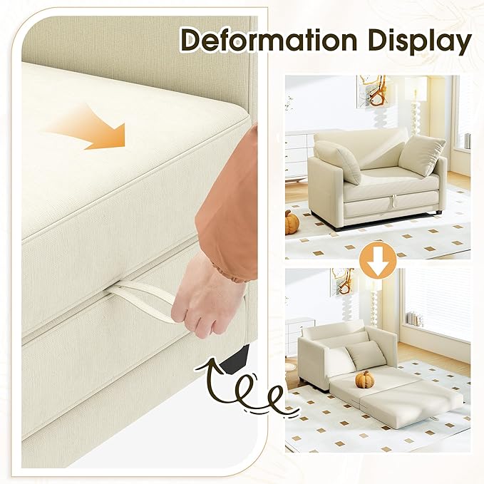51 Convertible Sofa Bed 2 in1 Folding Sofa Bed Loveseat Sleeper Sofa for Small Spaces Fold Out Floor Couch with 2 Pillows for Apartment Living Room &amp Guest Room Beige Chenille Fabric