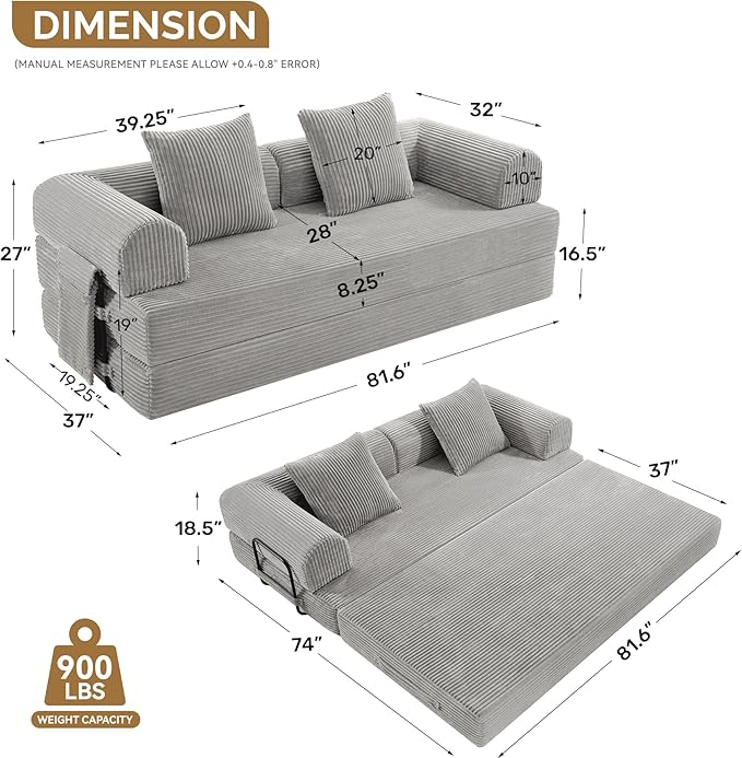 Convertible Coarser Corduroy Sleeper Sofa Bed with Cylindrical Pillow Folding Mattress Couch with Fixed-Shape Frame Floor Sofa Lounge Couch for Living Room Bedroom Lounge Studio Grey