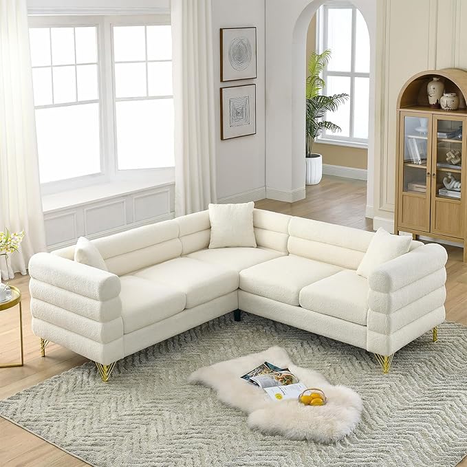 L-Shaped Sectional Couch 81.5 Oversized Corner Sofa Teddy Boucle Comfy Cloud Modern Upholstered Deep Seat Set with Stylish Metal Legs for Living Room Home OfficeApartment White