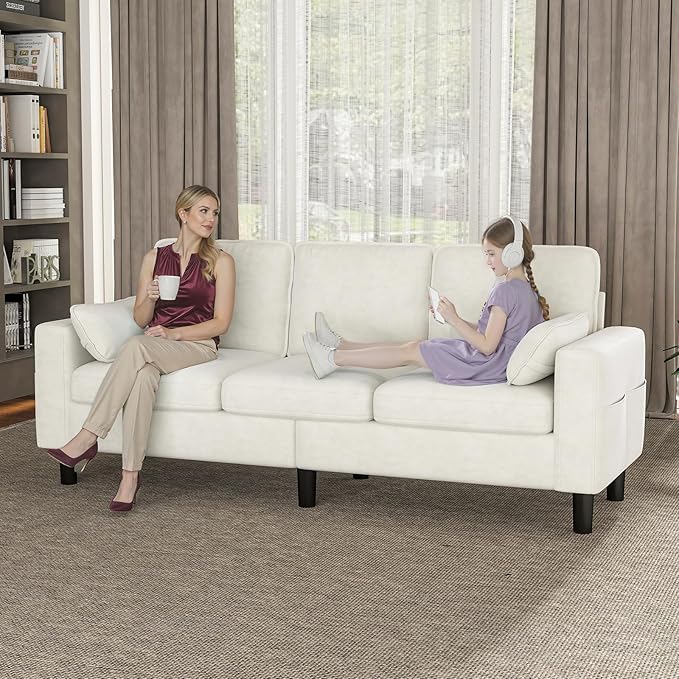 kinbor 3-Seater Couch - Big Comfy Sofa with Magazine Pockets &amp Detachable Cover Durable Foam Couch for Living Room Office Salon Creamy White