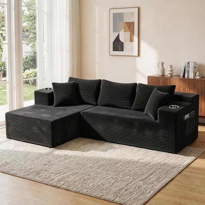 Bashaw 108 Modular Sectional Sofa Couches with Chaise L-Shape Boneless Couch Deep Seat Upholstered Boneless Sectional Couch for Living Room (Black 108 Left Facing Chaise) | Sectional Boneless L-