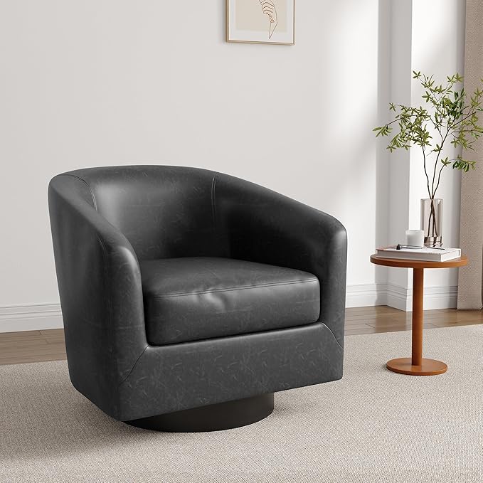Lumibee Faux Leather Swivel Barrel Chairs Upholstered Comfy Round Swivel Accent Chair 360° Rotation Single Sofa Club Armchair for Living Room Reading Room Bedroom Black