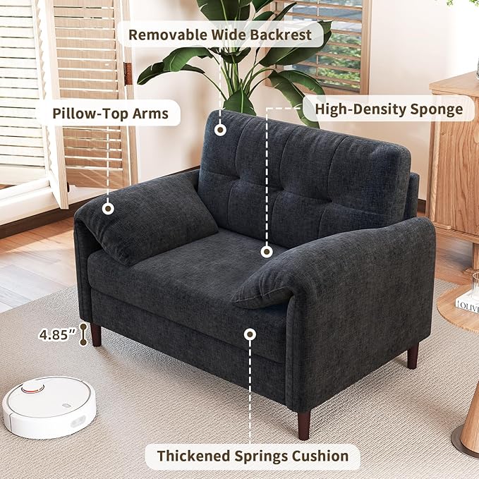 46 Oversized Accent Chairs Set of 2 with Padded Arms Comfy Chenille Fabric Living Room Bedroom Chairs Set of 2 Mid Century Modern Reading Chair with Pocket Spring Cushion (Dark Grey)