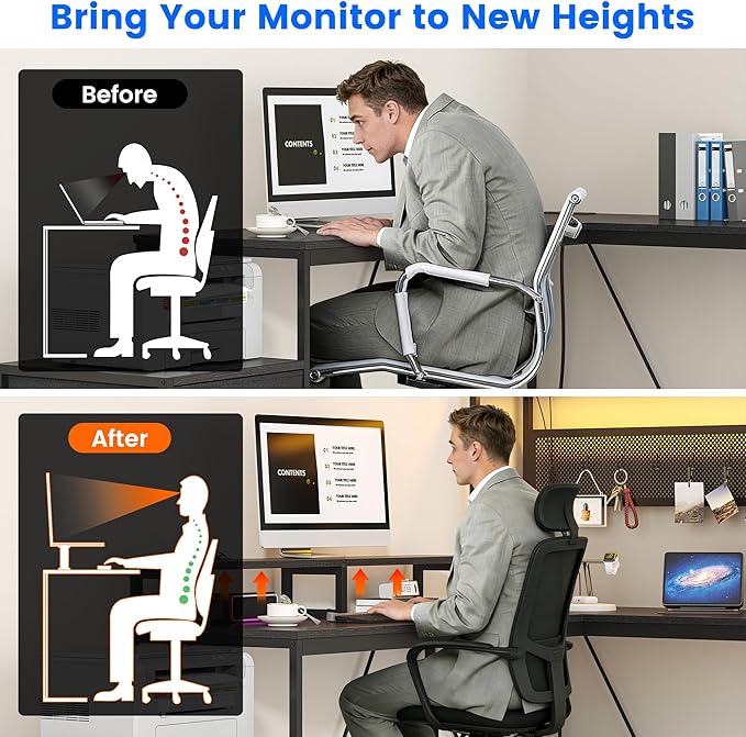 L Shaped Gaming Desk with DIY Pegboard Home Office Computer Desk with Raised Display Stand 2 Drawers and LED Glass Cabinets Corner Desk with Printer Desktop&ampPower Outlet Black