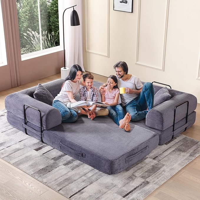 Convertible Folding Sofa Bed Corduroy Sleeper Mattress Couch with Fixed-Shape Frame Free Combination Loveseat Lounge Floor Sofa Queen Size Memory Foam Couch for Living Room Bedroom Ash Grey