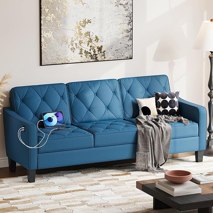 STHOUYN 83” Blue Sofas &amp Couches Small 3-Seater Sofa for Living Room Apartment Size Couch Comfy Mini Couch Living Space Couch Tufted Design Office or Waiting Area (Blue) | Tufted Design Blue