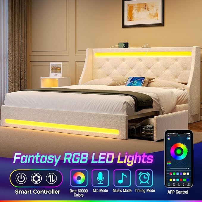 Rolanstar Full Bed Frame with LED Lights and Charging Station Upholstered Bed with Drawers Wooden Slats Noise Free Easy Assembly Beige