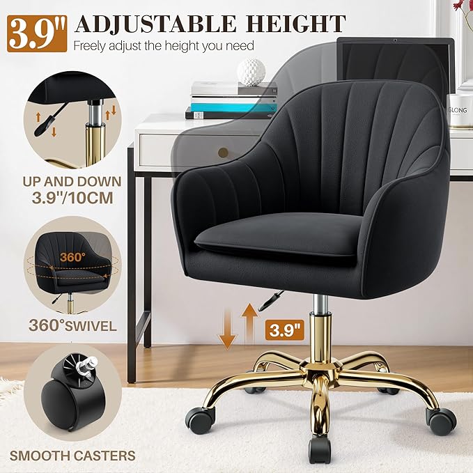 Vanity Chair with Wheels Comfy Home Office Desk Chairs Adjustable Modern Velvet Makeup Vanity Chairs for Bedroom Living Room-Black