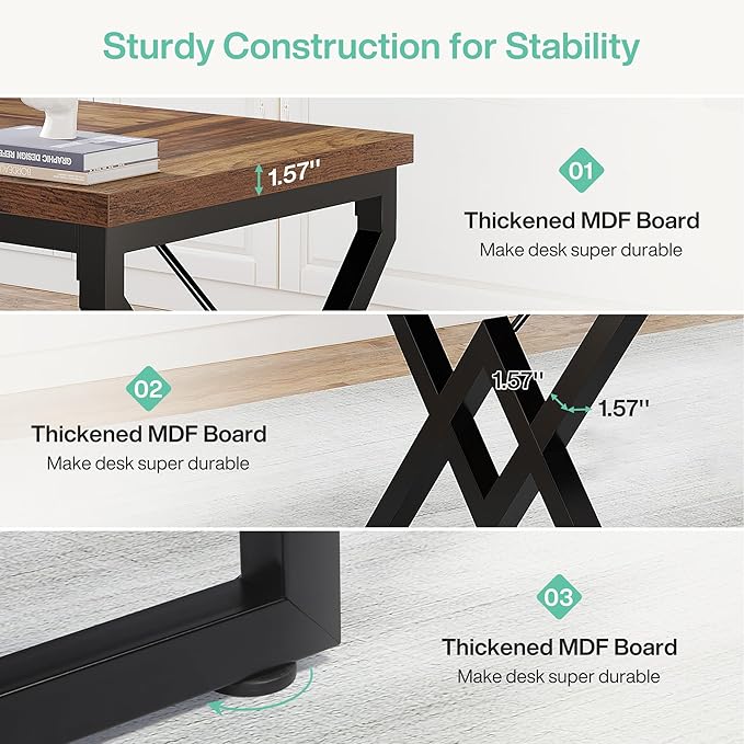 Tribesigns 63 Large Industrial Executive Desk with Extra Thickened Tabletop &amp Metal Frame Heavy-Duty 300 lb Capacity Home Office Desk for Study Room Dorm Bedroom – Vintage Brown &amp Black