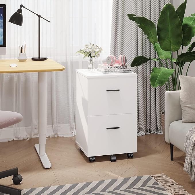 Panana 2 Drawer Mobile File Cabinet Wood Rolling Filing Cabinet Printer Stand Under Desk Storage Organizer Fits Letter Size File Folders for Home Office (White)