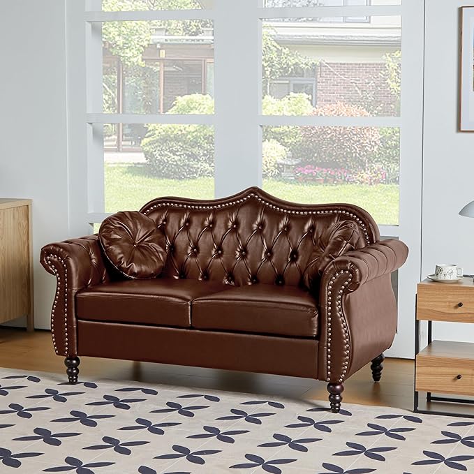 Modern PU Tufted Couch 2 Seater with Rolled Arms and Nailhead Deep Button Nailhead Tufted Loveseat Leather Couch Roll Arm Classic Tufted Chesterfield Settee Leather Sofa for Living Room (Brown)