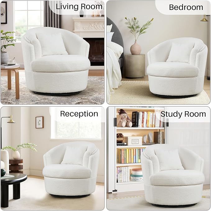 Swivel Accent Chair 360 Degree Round Swivel Barrel Chair with Pillow Widened Upholstered Boucle Chair Comfy Sherpa Barrel Armchair for Living Room Bedroom Reading Room White