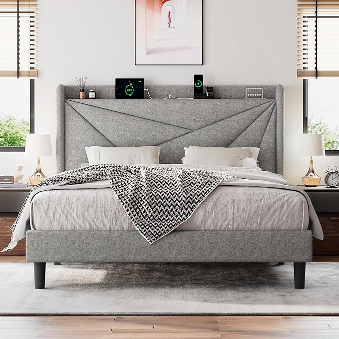 Full Size Upholstered Bed Frame with Charging Station Platform Bed Frame with Storage Headboard Solid Wood Slats Support No Box Spring Needed Light Gray