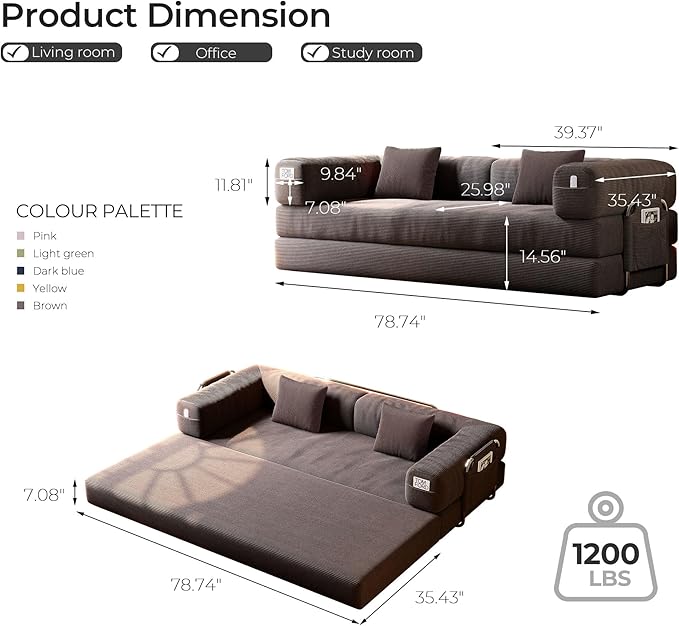 5-in-1 Folding Convertible Sofa Bed Loveseat Sleeper with Pull-Out Bed Floor Sofa Modular Futon Couch 79 Oversized Corduroy Upholstered Boneless Couch for Living Room Bedroom Lounge A-Brown