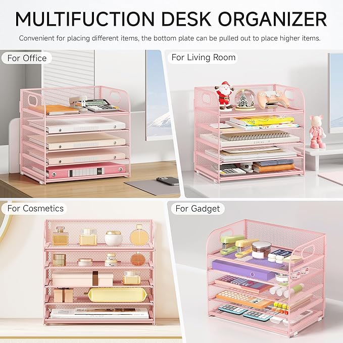 Lavatino Desk Paper Organizer with Handle 2 Pack 5-Tier Pink Mesh Desk File Folder Holder Letter Tray Sorter Organizer for Office Home or School