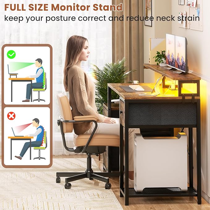 Aheaplus Computer Desk with 3 Drawers Home Office Desk with File Drawer &amp Power Outlet 59'' Gaming Desk with Led Lights Long Work Desk with Storage Printer Cabinet and Monitor Shelf Rustic Br