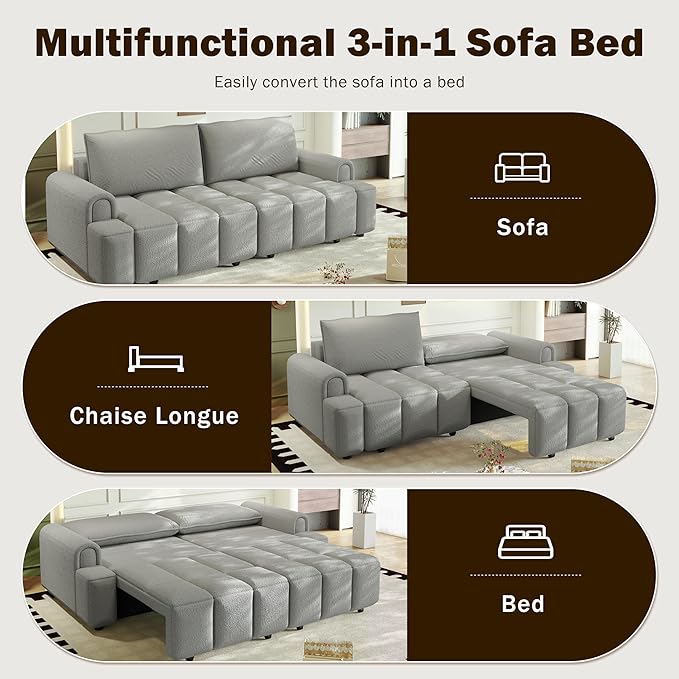 90.2 Futon Sofa Bed King 3-in-1 Teddy Convertible Sofa Upholstered Loveseat Couch with Pull Out Bed L Shape Couches Small Spaces Deep Seat Storage for Living Room Apartment Light Grey