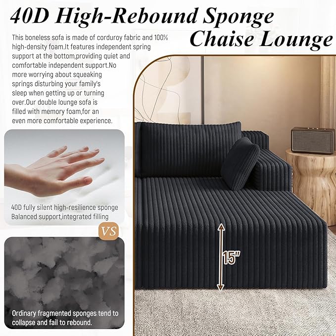 71'' Oversized Double Chaise Lounges Indoor Cloud Upholstered Boneless Couch Bed Deep Seat No Assembly Required Modern Corduroy Sleeper Loveseat Chair for Living Room Bedroom Reading (Black) | Bre