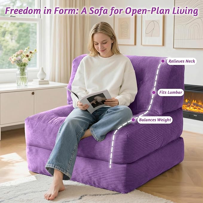 HABUTWAY Folding Sofa Bed Convertible Sleeper Chair Bed with Pillow &amp Handle Foldable Mattress with Back Support Portable Single Couch Comfy Floor Sofa Lounge for Living Room Bedroom(Dark Purp