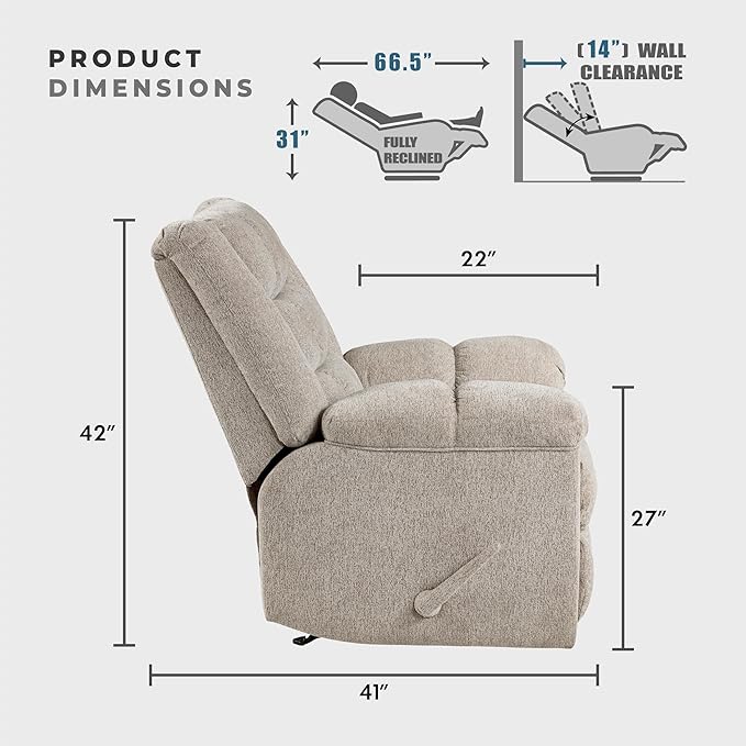 Lexicon Chenille Rocker Reclining Chair for Adults Rocker Pull Handle Recliner Nursery Chair for Living Room/Bedroom High Back Pillow Top Arms High Density Foam Cushions Light Brown