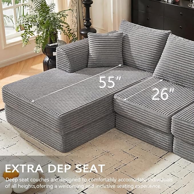 102 L-Shaped Modular Corduroy Cloud Sofa 3-Seater with Reversible Chaise Modern Deep Seat Memory Foam Boneless Cushion for Living Room Apartment Bedroom No Assembly Required
