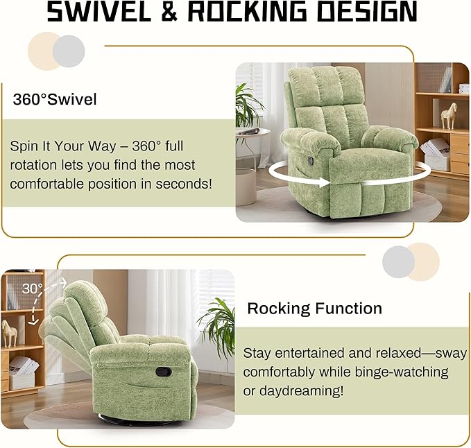 Recliner Chair Swivel Rocker Recliner Chair for Adults Small Recliners for Small Spaces Upholstered Manual Recliner with Side Pockets Nursery Rocking Chair for Living Room Chenille Green