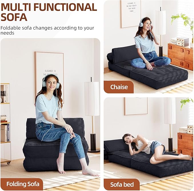 GYUTEI Folding Sofa Bed Convertible Sleeping Chair with Backrest Support and Soft Corduroy FabricFold Couch Bed with Pillow for Small Spaces/Living Room/Bedroom/Apartment Single SizeBlack