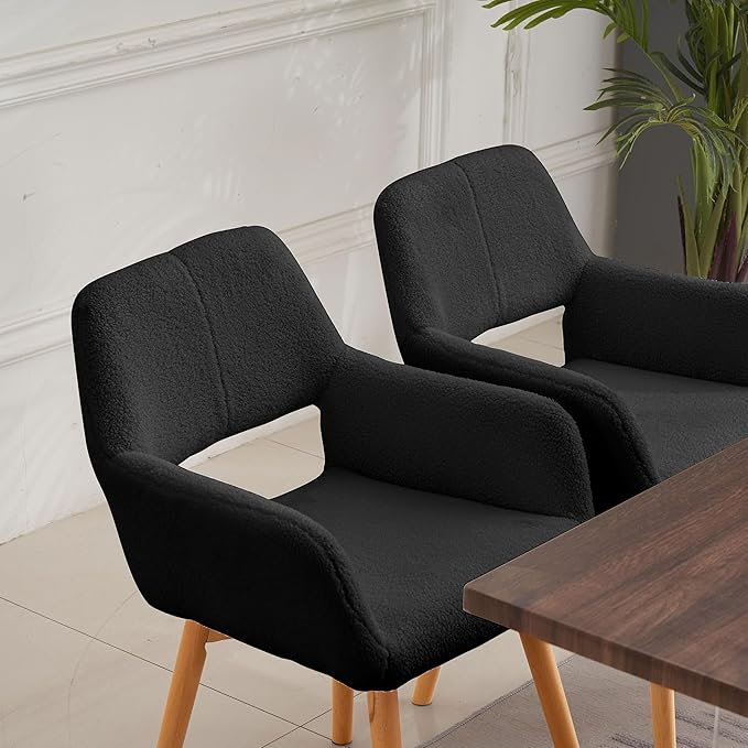 Mid Century Modern Dining Chairs Set of 2 &amp 4 &amp 6 Comfy Accent Chair Upholstered Kitchen Dining Living Room Chairs for Bedrooms Waiting Room Home Arm Desk Chair No Wheels (Wool Black 2)