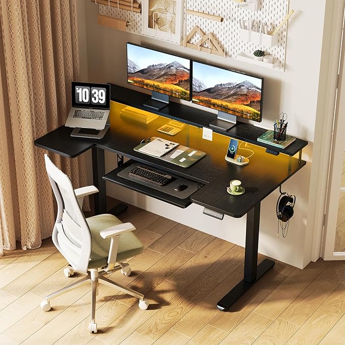 OffiGo U Shaped Electric Standing Desk with Keyboard Tray 55 Inch Height Adjustable Desk with Power Outlets &amp LED Lights Sit Stand Table with Monitor Stand for Home Office Black