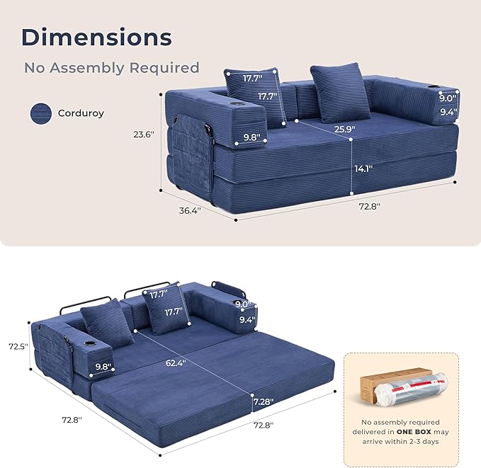 WELAX 72.8 Convertible Sleeper Sofa Bed Boneless Cloud Queen Futon Couches with Cupholders &amp Storage Pockets Corduroy Folding Floor Couch for Bedroom Apartment No Assembly Dark Blue