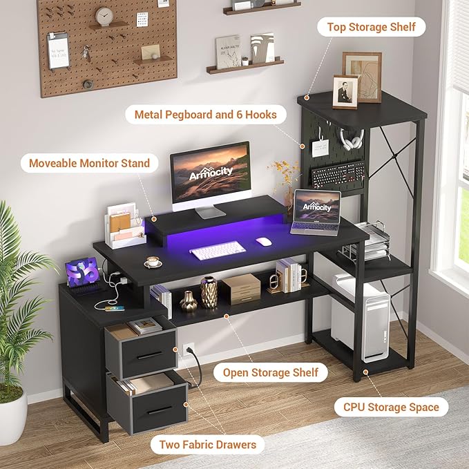 Computer Desk with 2 Fabric Drawers - Reversible Home Office Desk with Power Outlet &amp LED Lights 53 Writing Desk with Monitor Stand &amp Storage Shelves Gaming Desk Study Table with Pegboard