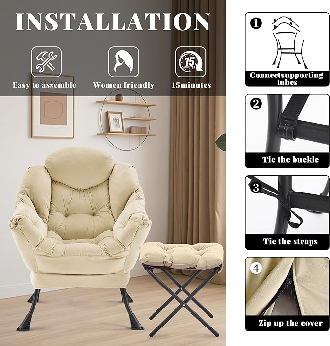 Lazy Chair with Ottoman Comfy Accent Lounge Chair with Side Pocket Modern Reading Armchair with Footrest Upholstered Sofa Chair for Small Spaces Bedroom Living Room Dorm Khaki