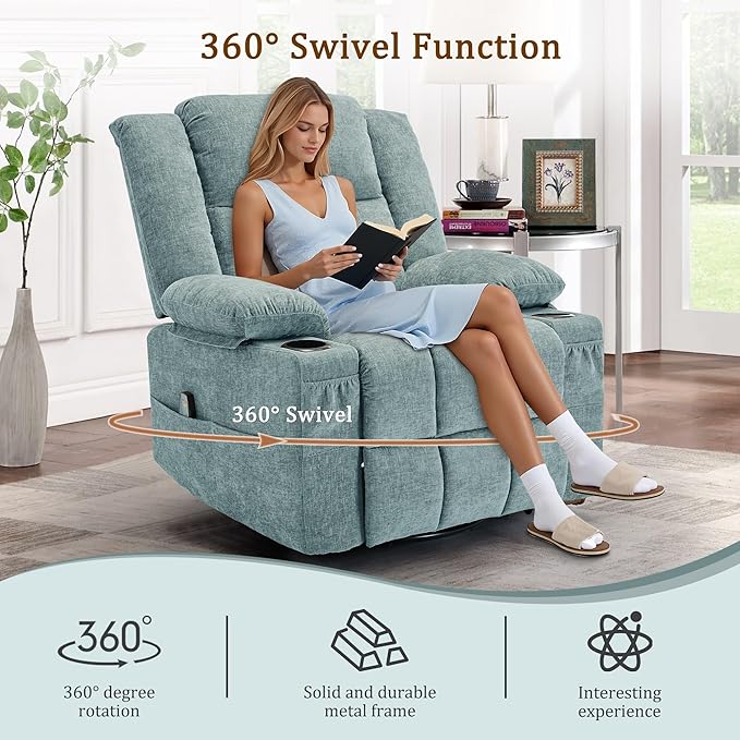 Adult 360° Swivel Rocking Recliner Nursery Rocking Chair with Massage and Heating Function Cup Holder Manually Adjustable Seat for Living Room and Bedroom (Fabric Lake Blue)