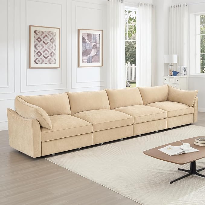 Modular Sectional Sofa with Pull out Storage Drawers 146.4 Comfy Upholstered Chenille 4-Seat Sofa Oversized Deep Storage Seat Couch 2 Armrest Pillows for Living Room Bedroom Apartment Wheat