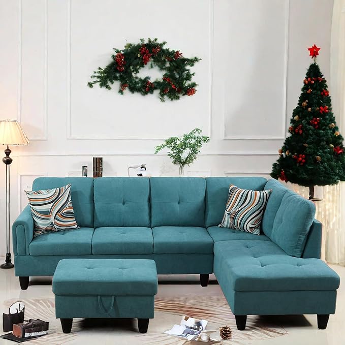 FONTOI L Shaped Sectional Couch with Otttoman 97 Sectional Sofa for Living Room Flannel Modular Couches with Cup Holders for Bedroom Apartments Blue