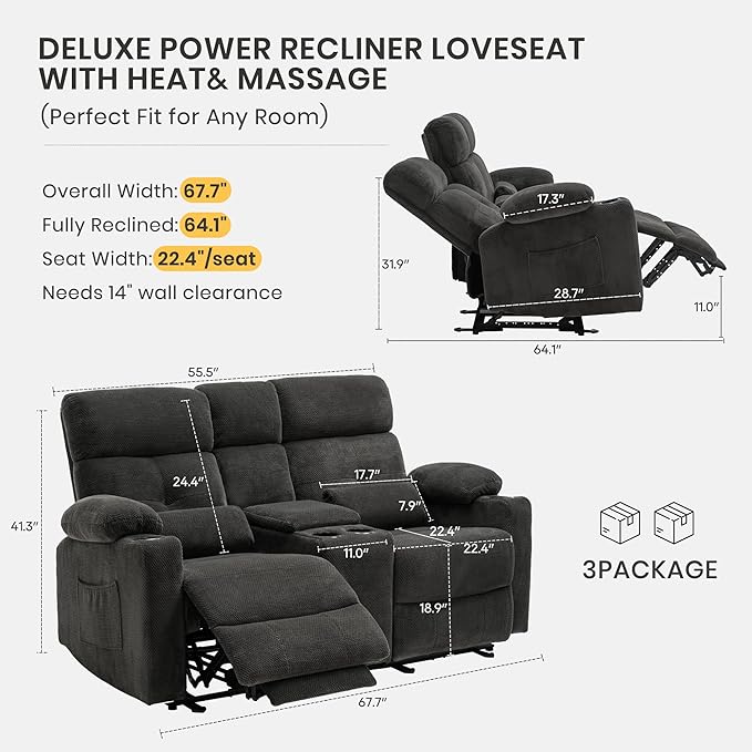 68 Power Reclining Loveseat with Heat &amp Massage Wall Hugger Double Reclining Sofa with Console Cup Holders &amp Storage Power Recliner Couch for Camper Trailer RV Home Theater Living Room