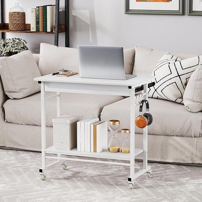 Tangkula Rolling Computer Desk Cart with Keyboard Tray Mobile Portable Laptop PC Desk with CPU Stand &amp 3 Hooks for Sofa &amp Bed Compact Small Desk on Wheels for Small Spaces (White)