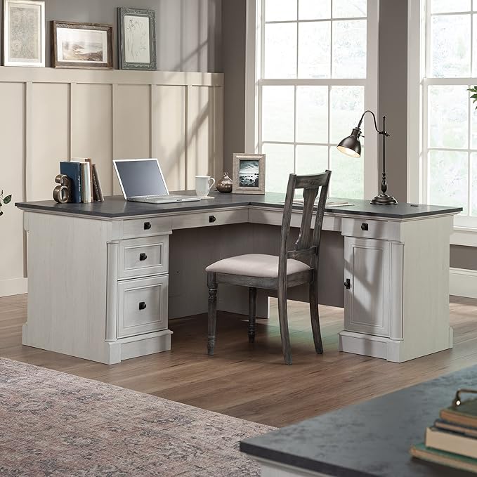 Sauder Palladia L Shaped Desk with Drawers Office Desk with File Cabinet Storage Cable Management Keyboard Tray in Glacier Oak Finish