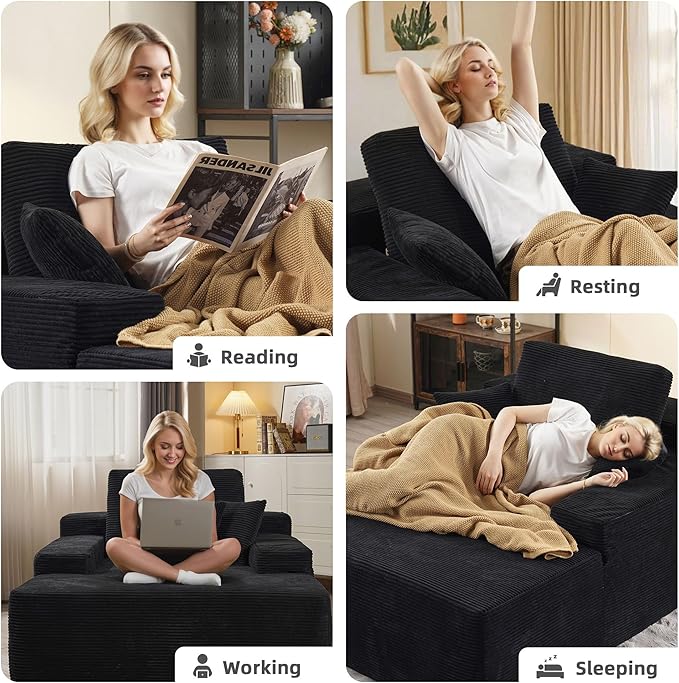 67x48 Oversized Chaise Lounge Chair Indoor Upholstered Sofa Bed with Plush Faux Fur Sleeper Couch Reading Chair Fluffy Cloud Sofa for Living Room Corduroy Black