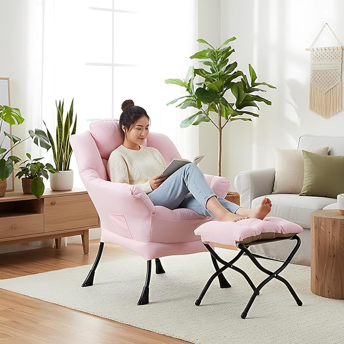 Welnow Pink Lazy Chair with Ottoman Modern Reading Accent Chair with Armrests and a Side Pocket Leisure Upholstered Lazy Sofa Set with Footrest for Small Space