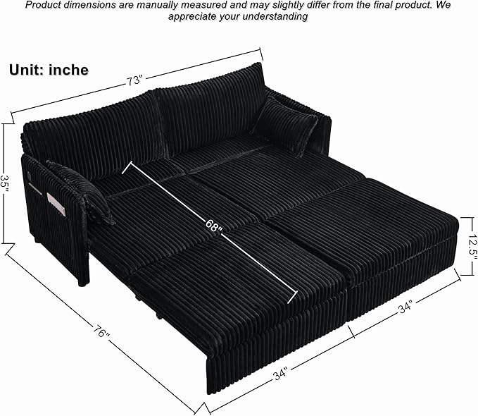 KEIKI 73 3-in-1 Pull Out Sofa Bed Convertible Corduroy Sleeper Sofa with USB Ports &amp Side Pockets Modern Futon Couch for Living Room Apartment or Bedroom Black