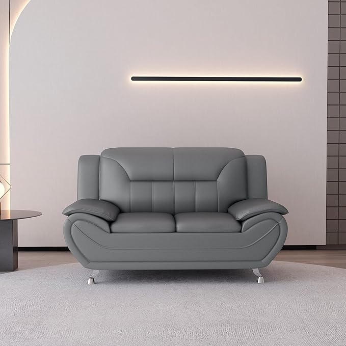 Michael Modern Faux Leather Upholstered Stainless Steel Legs Living Room Loveseat Gray