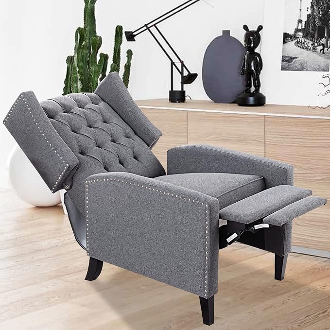 Gray Recliner Chair for Adults Accent Wingback Chairs Living Room Chair Mid-Century Modern Fabric Recliner Button Tufted Club Chair Upholstered Reclining Reading Arm Chair 27